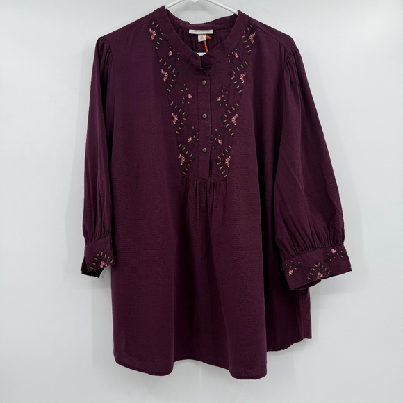 Knox Rose Top Women XXL NEW Burgundy Embroidered Buttons 3/4 Sleeves Boho Hippie - Picture 1 of 11